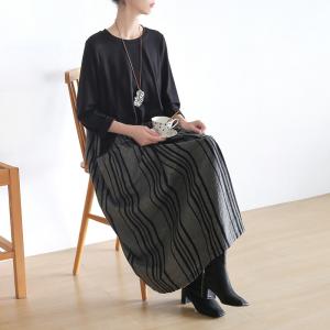 Black and Gray Pinstriped Dress Crew Neck Loose Sweater Dress