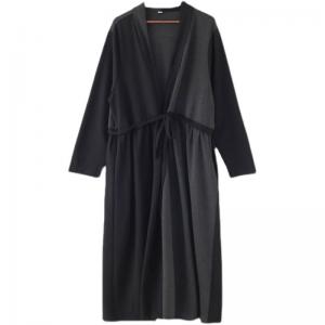 Empire Waist Belted Long Cardigan V-Neck Black Casual Coat