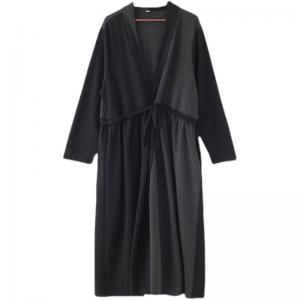 Empire Waist Belted Long Cardigan V-Neck Black Casual Coat