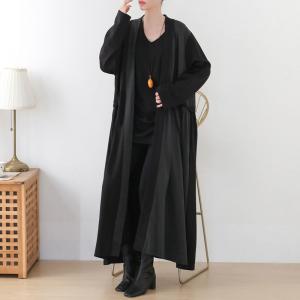 Empire Waist Belted Long Cardigan V-Neck Black Casual Coat