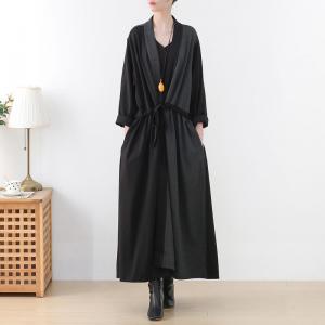 Empire Waist Belted Long Cardigan V-Neck Black Casual Coat