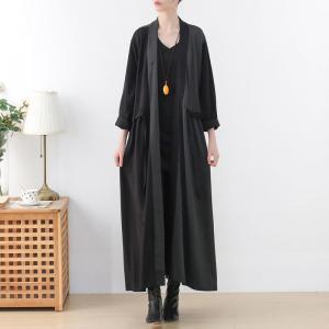 Empire Waist Belted Long Cardigan V-Neck Black Casual Coat