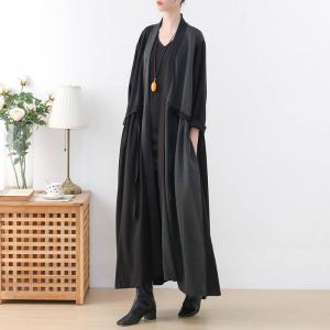 Empire Waist Belted Long Cardigan V-Neck Black Casual Coat