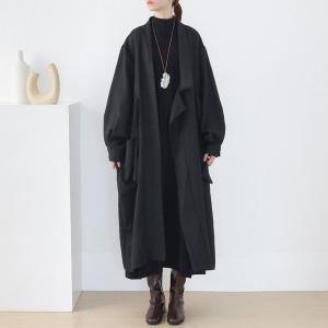 Chunky Linen Belted Coat Plus Size Chinese Plain Coat