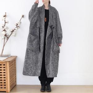 Chunky Linen Belted Coat Plus Size Chinese Plain Coat