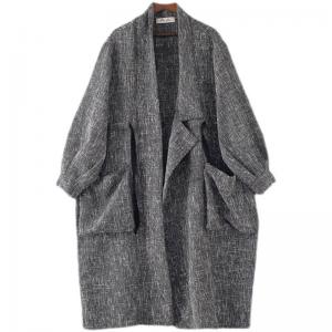 Chunky Linen Belted Coat Plus Size Chinese Plain Coat