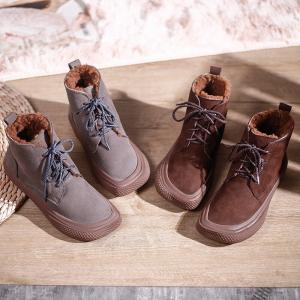 Wool Lining Lace Up Combat Boots Lace Up Wedge Booties