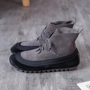 Bi-Colored Low Heels Boots Cowhide Leather Casual Shoes