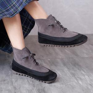 Bi-Colored Low Heels Boots Cowhide Leather Casual Shoes