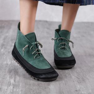 Bi-Colored Low Heels Boots Cowhide Leather Casual Shoes