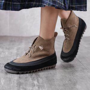 Bi-Colored Low Heels Boots Cowhide Leather Casual Shoes