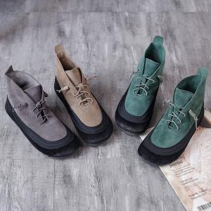 Bi-Colored Low Heels Boots Cowhide Leather Casual Shoes