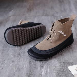 Bi-Colored Low Heels Boots Cowhide Leather Casual Shoes