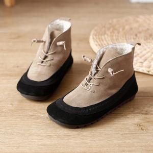 Contrast Color Plush Lining Winter Shoes Tied Leather Desert Boots