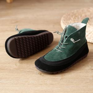 Contrast Color Plush Lining Winter Shoes Tied Leather Desert Boots