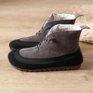 Contrast Color Plush Lining Winter Shoes Tied Leather Desert Boots