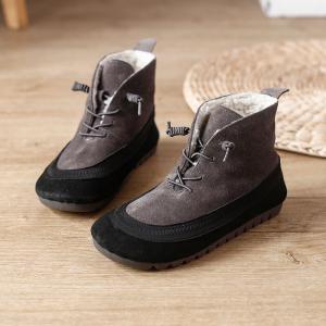 Contrast Color Plush Lining Winter Shoes Tied Leather Desert Boots