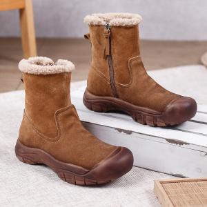 Vintage Style Woolen Mid-Calf Boots Chunky Heels Leather Snow Boots