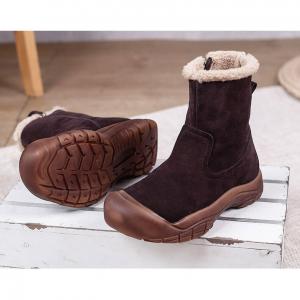 Vintage Style Woolen Mid-Calf Boots Chunky Heels Leather Snow Boots