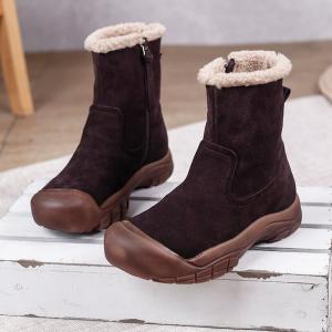 Vintage Style Woolen Mid-Calf Boots Chunky Heels Leather Snow Boots