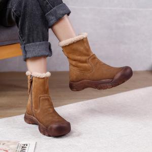 Vintage Style Woolen Mid-Calf Boots Chunky Heels Leather Snow Boots