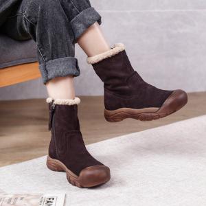 Vintage Style Woolen Mid-Calf Boots Chunky Heels Leather Snow Boots