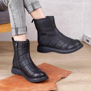 Low Heels Leather Grid Boots Zipper Calf High Boots