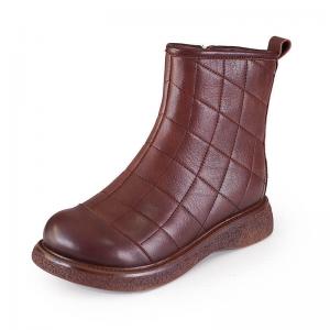 Low Heels Leather Grid Boots Zipper Calf High Boots