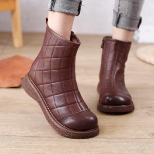 Low Heels Leather Grid Boots Zipper Calf High Boots