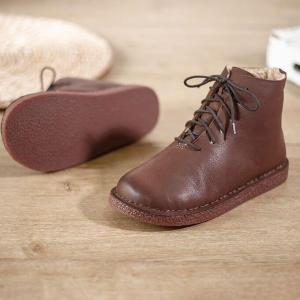 Lace Up Sherpa Boots Leather Winter Ankle Boots