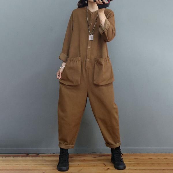 Long Sleeve Cotton Casual Jumpsuits Loose Plain Going Out Jumpsuits