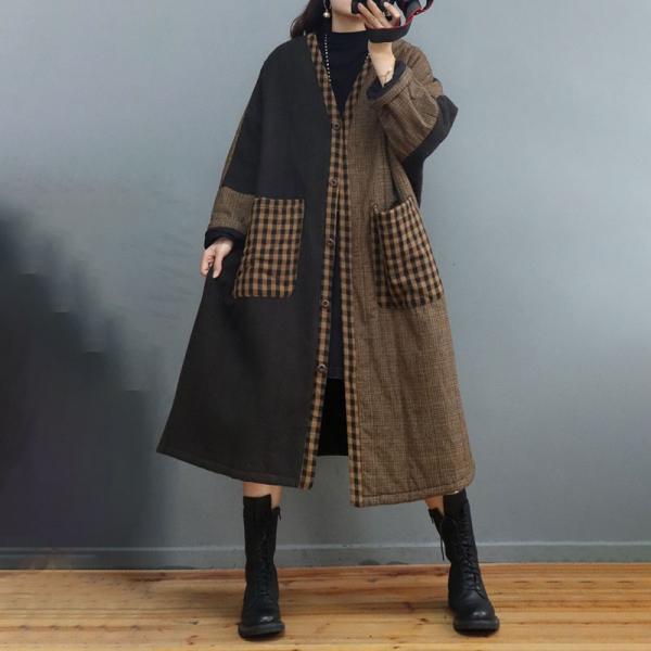 Plaid Pockets Cotton Linen Coat Plus Size Midi Quilted Coat