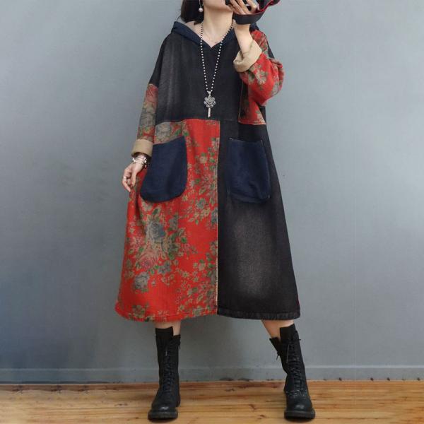 Bicolored Loose Floral Hooded Dress Cotton Linen Dotted Dress