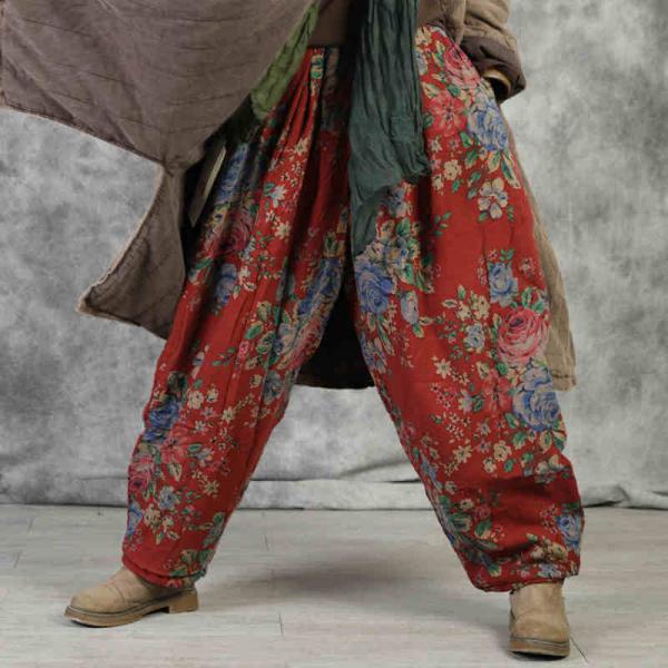 Red Quilted Puffer Pants Linen Floral Trousers for Women