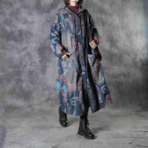 Artistic Graffiti Blue Coat Plus Size Cotton Hooded Coat