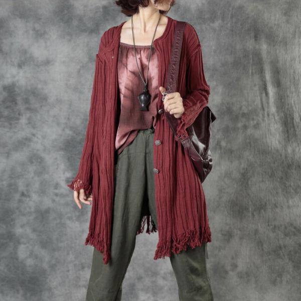 Simple Designer Cotton Knitting Cardigan Pleated Fringed Coat