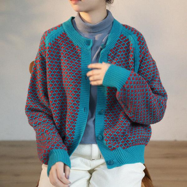 Color Contrast Chunky Knit Cardigan Wool Blend Houndstooth Cardigan