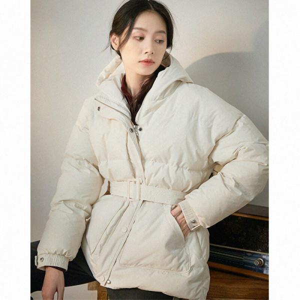 Winter Belted Down Coat Elegant Hooded Wrap Coat