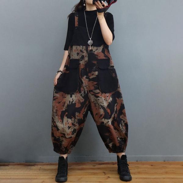 Large Size Printed Overalls Balloon Legs Black Overalls