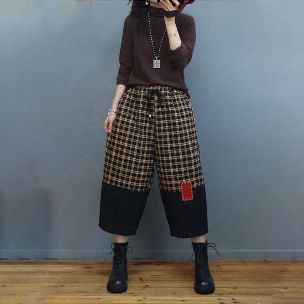 Cotton Quilted Cropped Pants Drawstring Waist Winter Tartan Trousers