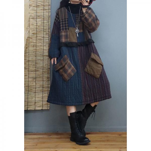 Winter Fashion Quilted Loose Dress Cotton Linen Tartan Dress