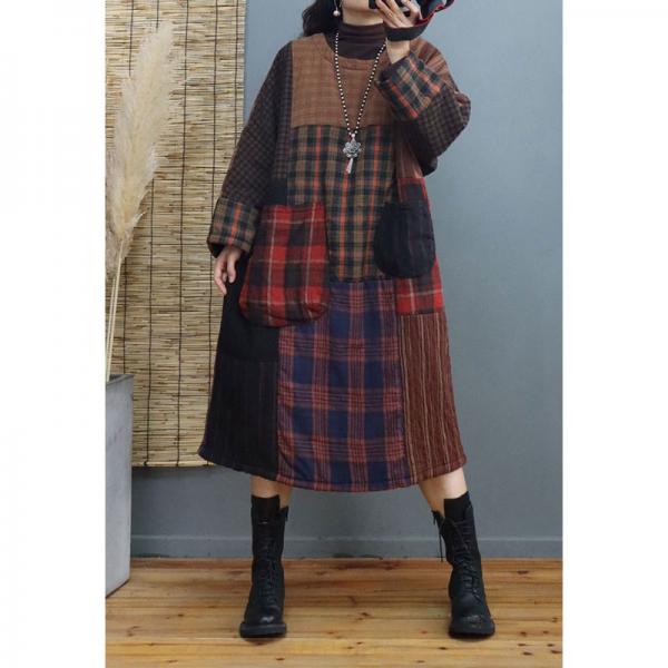 Scotland Style Quilted Tartan Dress Plus Size Linen Gingham Dress