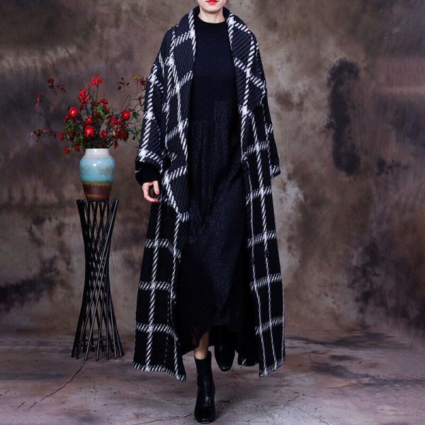 Big Checkers Woolen Black Overcoat Wide Lapel Belted Wrap Coat