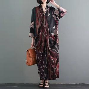 Vintage Printed Wrapped Maxi Dress Long Sleeve Silk Dress