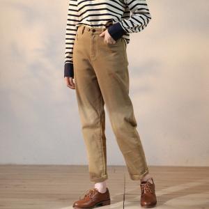 Fleeced Lining Cotton Tapered Pants Straight Legs Winter Trousers