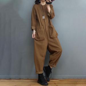 Long Sleeve Cotton Casual Jumpsuits Loose Plain Going Out Jumpsuits