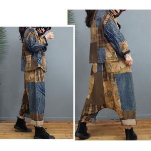 Chinese Style Folk Prints Cotton Linen Jacket with Thai Pants Sets