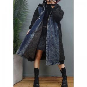 Denim and Cotton Thick Hooded Coat Plus Size Quilted Overcoat