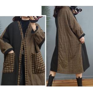 Plaid Pockets Cotton Linen Coat Plus Size Midi Quilted Coat