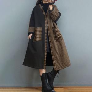 Plaid Pockets Cotton Linen Coat Plus Size Midi Quilted Coat